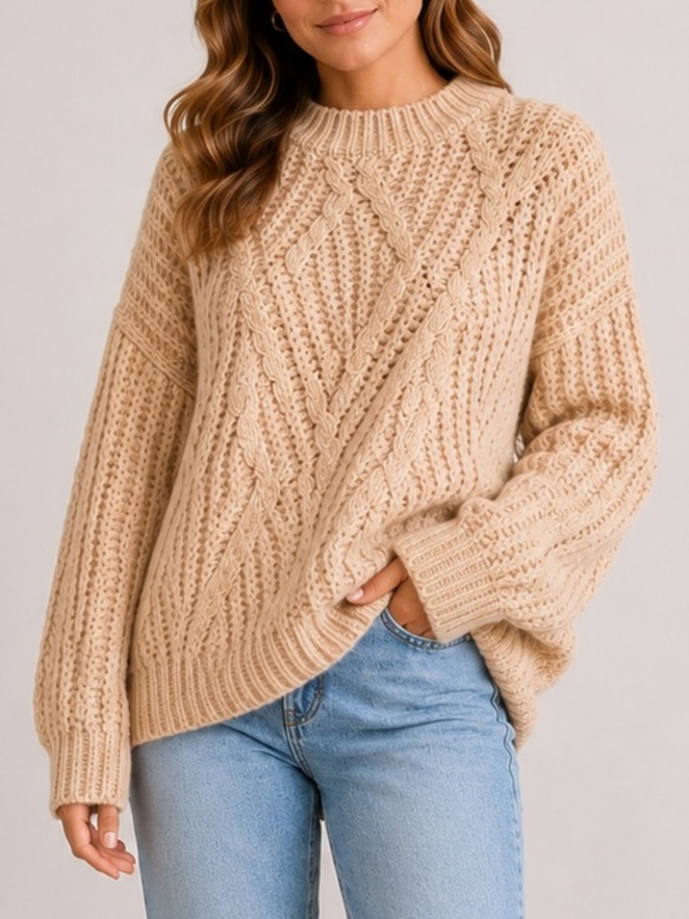 Mango Oversized Cable Knit Chunky Tan Cozy Minimalist Pullover Sweater